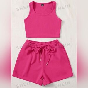 NWT SHEIN EZwear Summer Sets Scoop Neck Tank Top & Track Shorts-Hot Pink - Sz. M